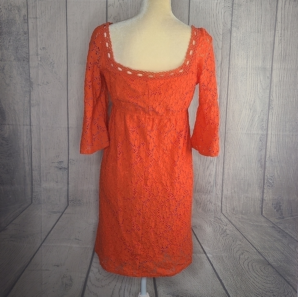 Laundry By Shelli Segal Orange Eyelet Lace Midi Dress Size Small - Picture 4 of 8